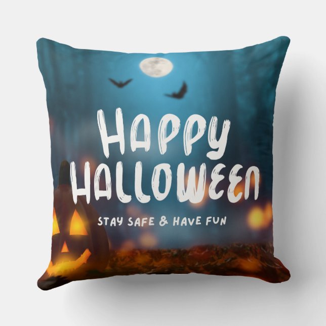 Jack-o-lantern Happy Halloween Throw Pillow (Back)