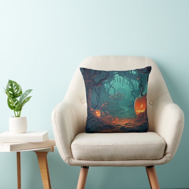 Jack-O' Lantern in a Creepy Forest Halloween Throw Pillow (Chair)