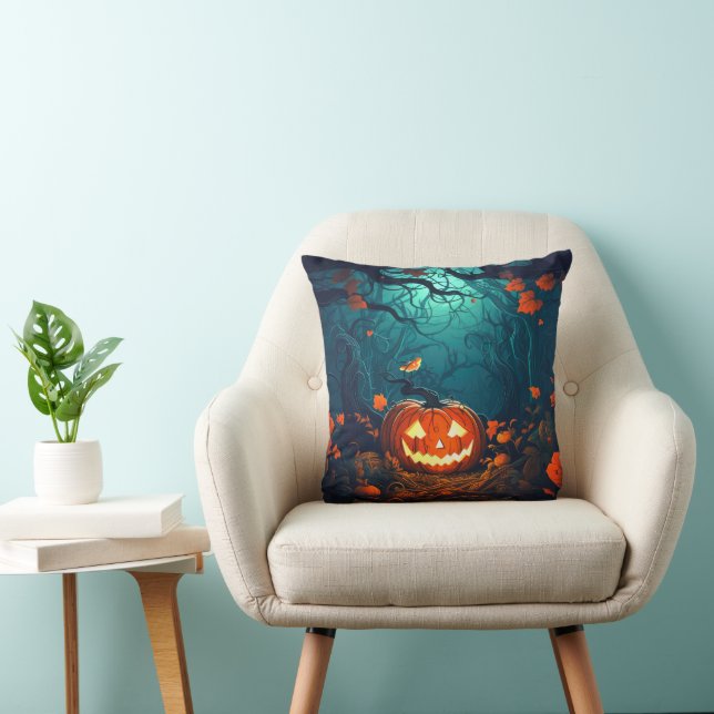 Jack-O' Lantern in a Creepy Forest Halloween Throw Pillow (Chair)