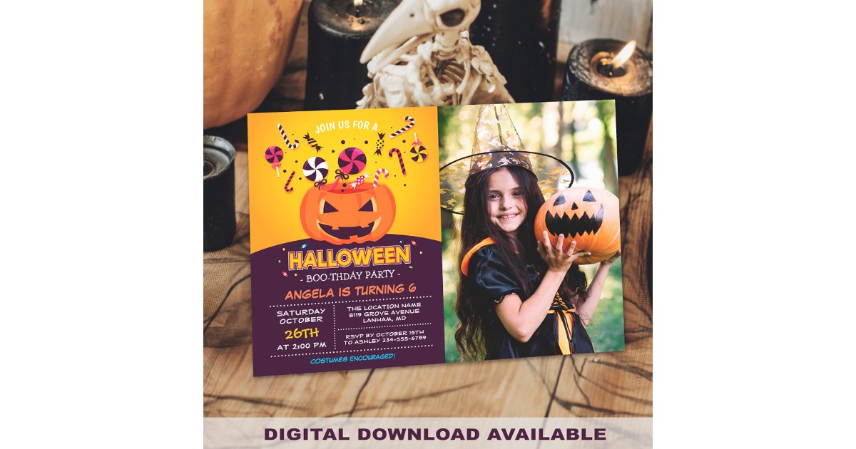 Jack-O-lantern Kids Photo Halloween Birthday Party Invitation | Zazzle