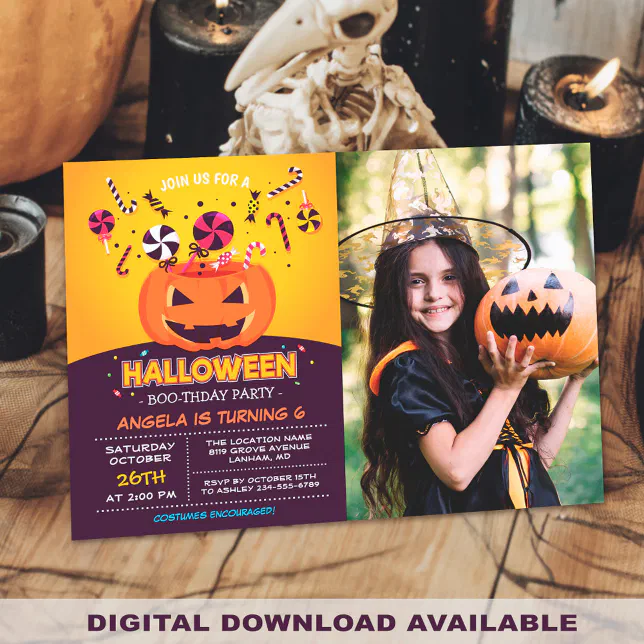 Jack-O-lantern Kids Photo Halloween Birthday Party Invitation | Zazzle