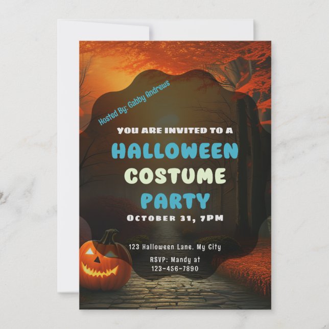 Jack-O' lantern on Autumn Forest Path Halloween Invitation (Front)