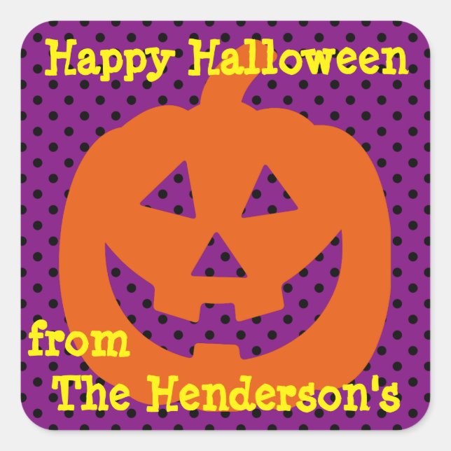 Jack O Lantern on Polka Dots Personalized Square Sticker (Front)