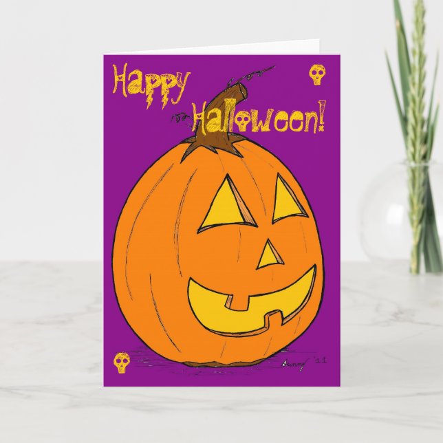 Jack o' Lantern on Purple "Happy Halloween" Card (Front)
