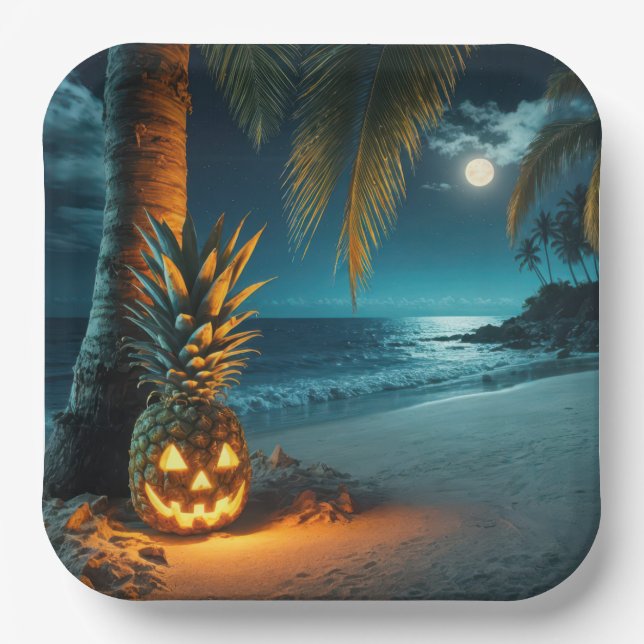 Jack-o-lantern Pineapple On A Beach Paper Plates (Front)