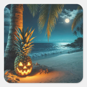 Jack-o-lantern Pineapple On A Beach Square Sticker