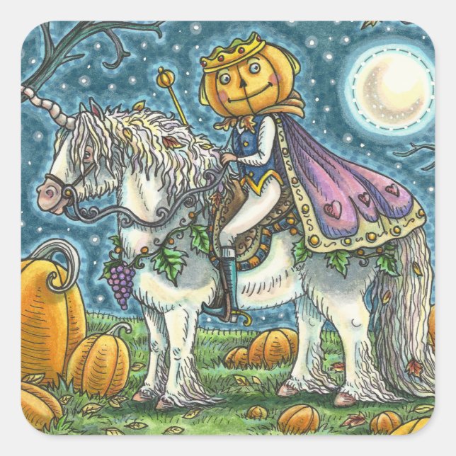 JACK O LANTERN PRINCE ON HIS MAGIC UNICORN PONY SQUARE STICKER (Front)