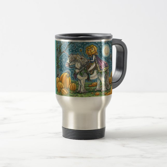 JACK O LANTERN PRINCE ON HIS MAGIC UNICORN PONY TRAVEL MUG (Front Right)