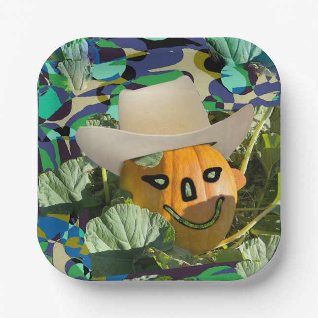 Jack-o-lantern pumpkin cowboy hat Halloween face Paper Plates (Front)