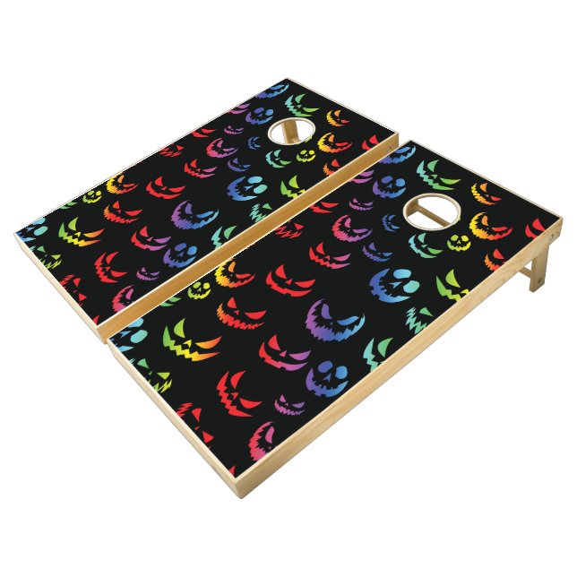 Jack O Lantern Pumpkin Face Black and White Cornhole Set (Angled)