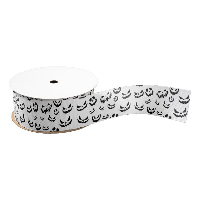 Jack O Lantern Pumpkin Face Black and White Grosgrain Ribbon (Spool)
