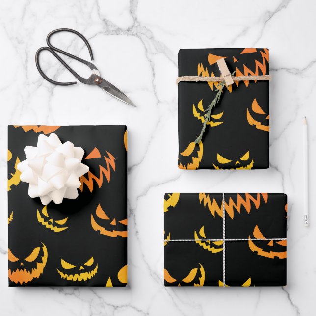 Jack O Lantern Pumpkin Face Wrapping Paper Sheets (Front)