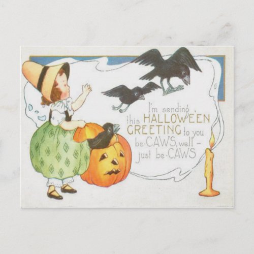 Jack O Lantern Pumpkin Ghost Crow Candle Girl Postcard