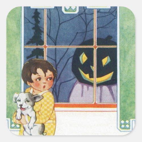 Jack O Lantern Pumpkin Ghost Girl Puppy Square Sticker