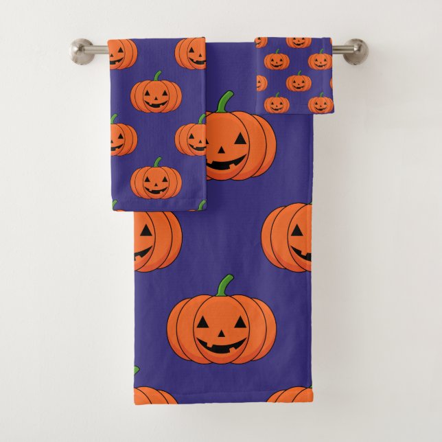 Jack-O'-Lantern Pumpkin Halloween Pattern Bath Towel Set (Insitu)