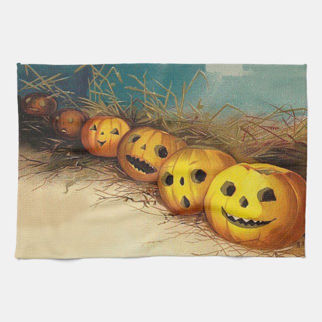 Jack O' Lantern Pumpkin Hay Field Kitchen Towel (Horizontal)