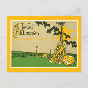 Jack O' Lantern Pumpkin Haystack Bat Postcard