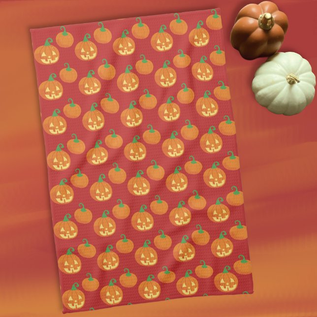 Jack-o-Lantern Pumpkin Pattern Kitchen Towel (Cute Halloween kitchen towel with a Jack-o-Lantern and pumpkin pattern .)