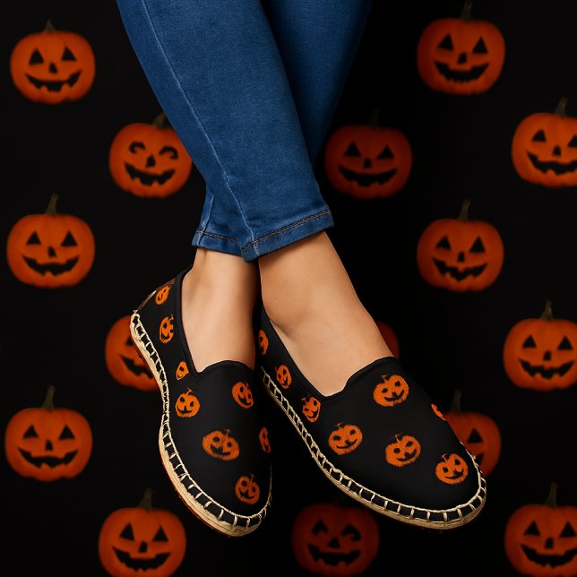Jack O Lantern Pumpkin Pattern on Black Halloween Espadrilles (Creator Uploaded)
