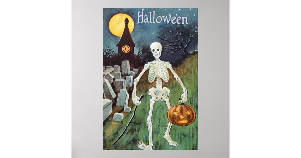 Jack O' Lantern Pumpkin Skeleton Cemetery Poster | Zazzle