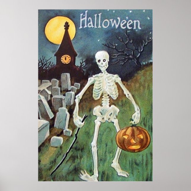 Jack O' Lantern Pumpkin Skeleton Cemetery Poster (Front)