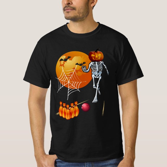 Jack O Lantern Pumpkin Skeleton Playing Bowling Ha T-Shirt (Front)