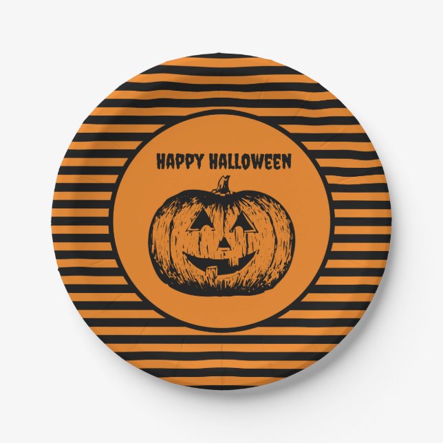 Jack-o'-lantern Pumpkin Striped Paper Plate (Front)