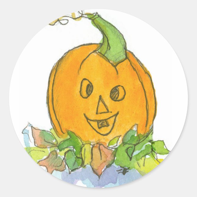 Jack-O-Lantern Pumpkin Watercolor Illustration Classic Round Sticker (Front)