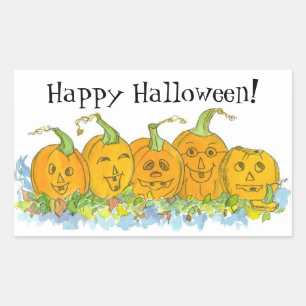 Jack-O-Lantern Pumpkins Drawing Happy Halloween Rectangular Sticker