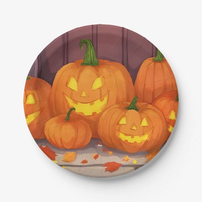 Jack-O-Lantern Pumpkins Halloween Party Paper Plates (Front)