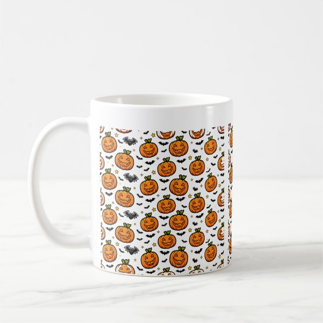 Jack-O-Lantern Seamless Pattern Faces Art Coffee Mug (Left)