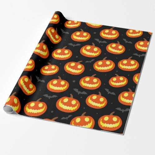 Jack O Lantern Smiling Pumpkins and Bats Halloween Wrapping Paper