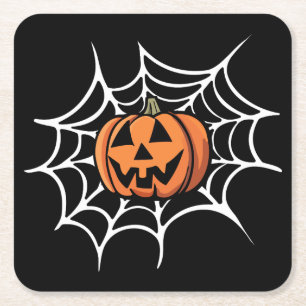 Jack o lantern & spidersweb Halloween, Birthday Square Paper Coaster
