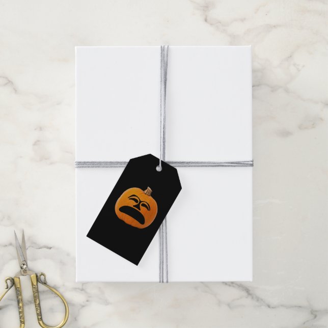 Jack o' Lantern Unhappy Face, Halloween Pumpkin Gift Tags (With Twine)