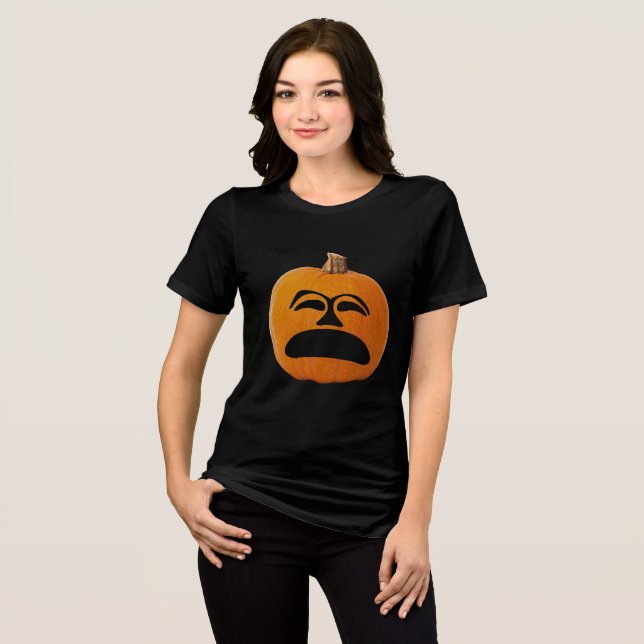 Jack o' Lantern Unhappy Face, Halloween Pumpkin Tri-Blend Shirt (Front Full)