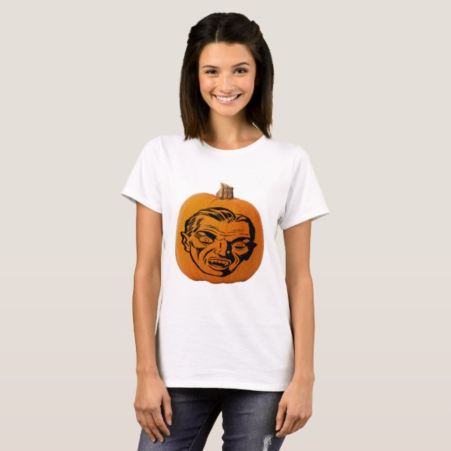Jack o' Lantern Vampire Face, Halloween Pumpkin T-Shirt (Front Full)