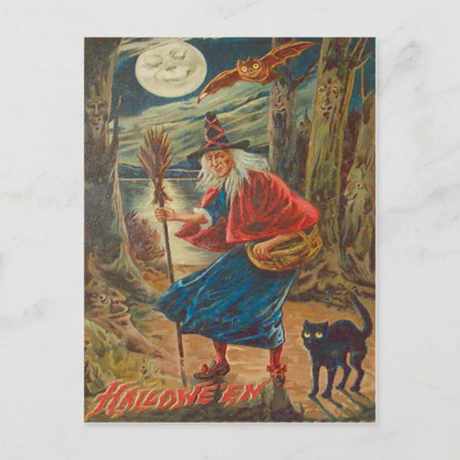 Jack O Lantern Witch Black Cat Bat Moon Postcard | Zazzle