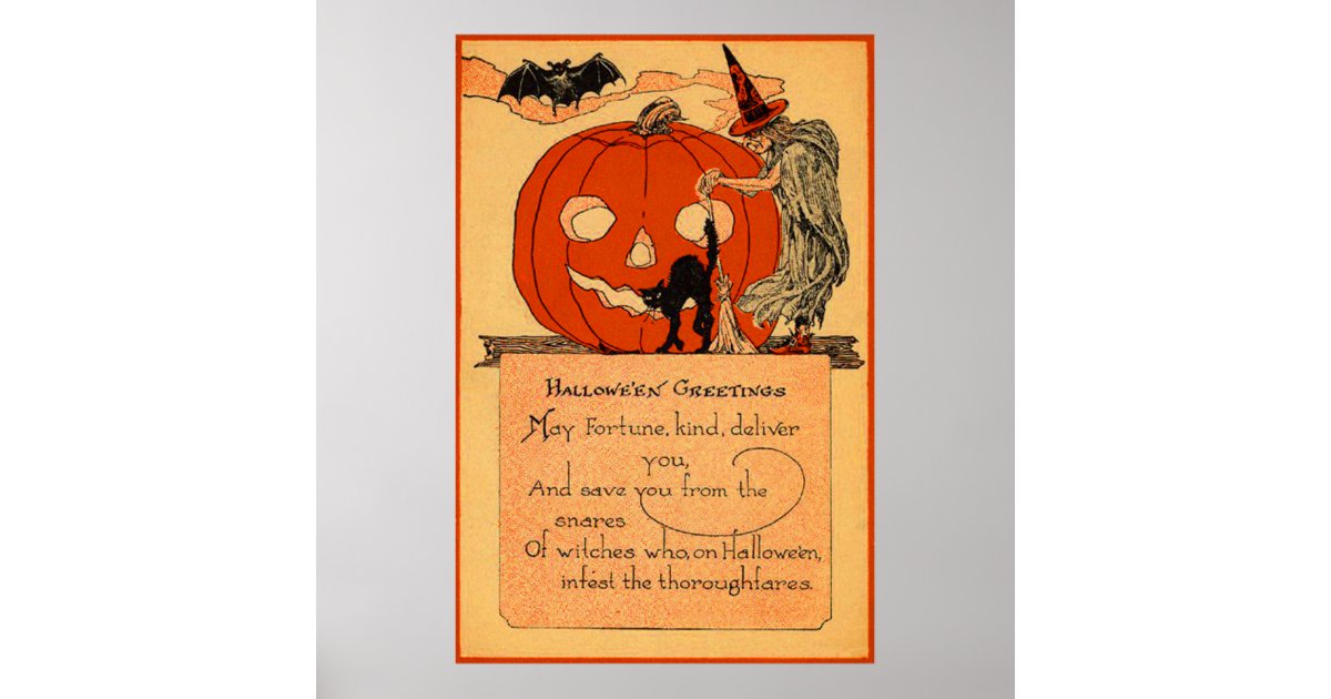 Jack O Lantern Witch Black Cat Bat Vintage Poster | Zazzle