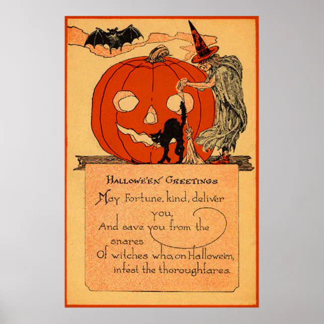 Jack O Lantern Witch Black Cat Bat Vintage Poster | Zazzle