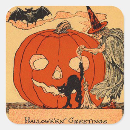 Jack O Lantern Witch Black Cat Bat Vintage Square Sticker