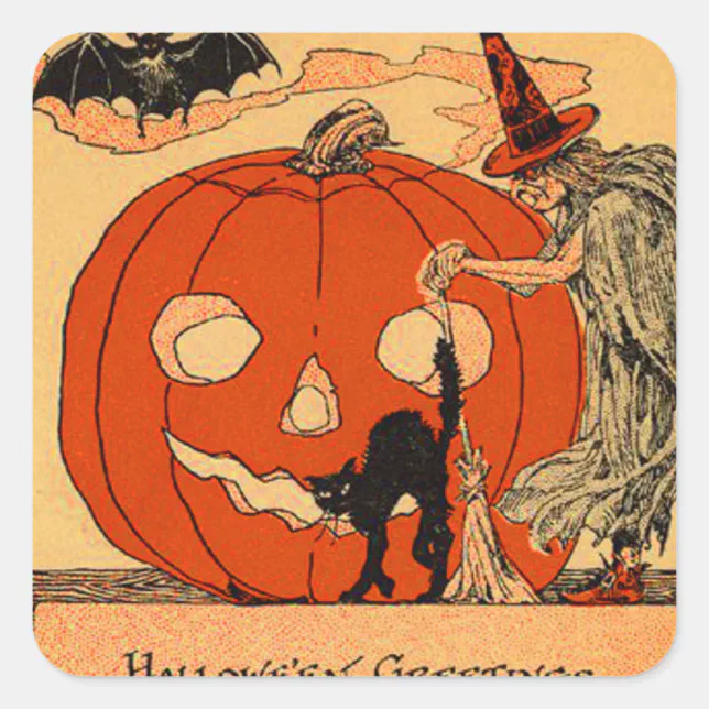 Jack O Lantern Witch Black Cat Bat Vintage Square Sticker | Zazzle