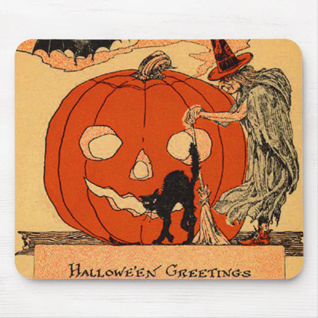 Jack O Lantern Witch Black Cat Vintage Halloween Mouse Pad | Zazzle