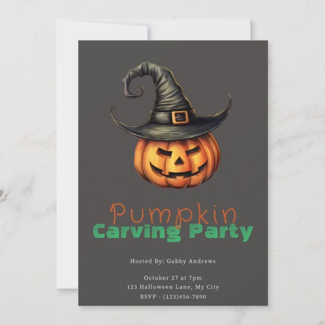 Jack-O' Lantern Witch Gray Pumpkin Carving Party Invitation (Front)