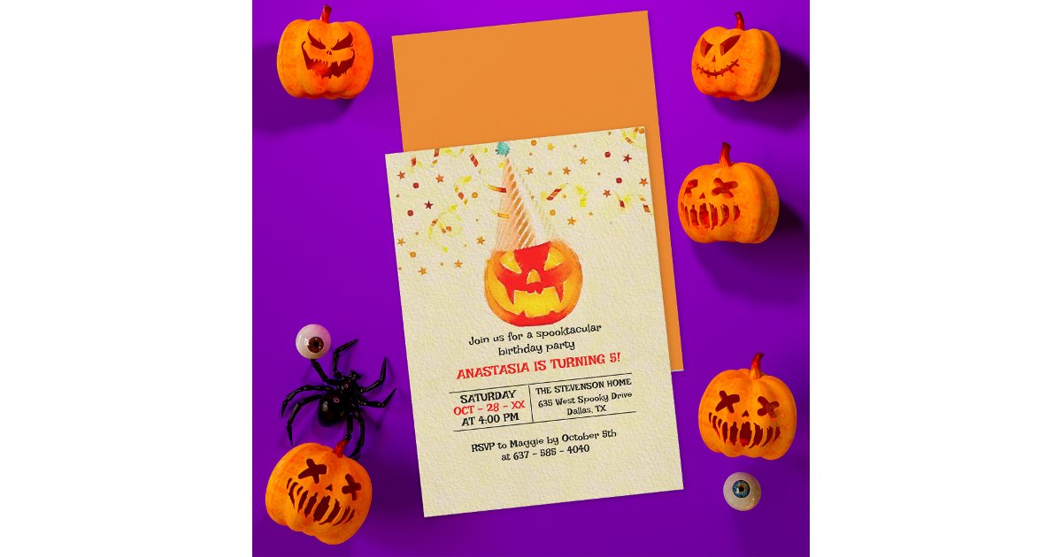 Jack O' Lantern With Party Hat Halloween Birthday Invitation | Zazzle