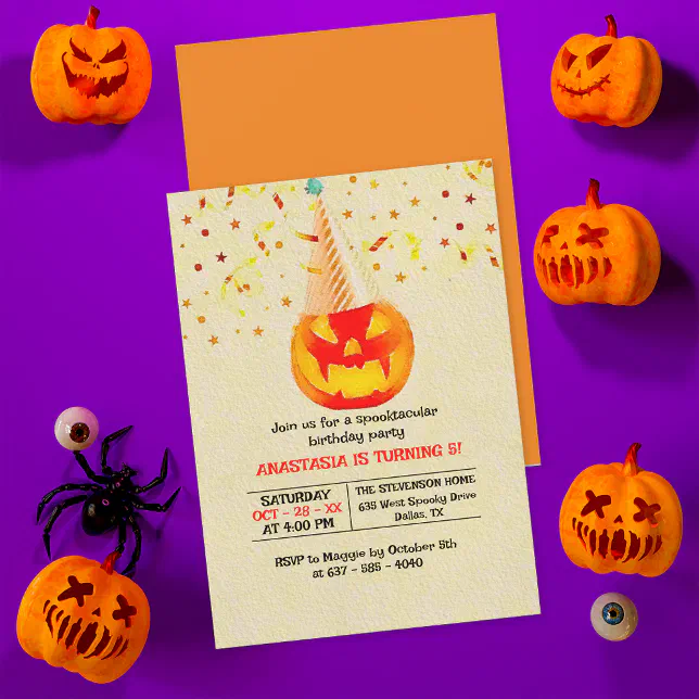 Jack O' Lantern With Party Hat Halloween Birthday Invitation | Zazzle