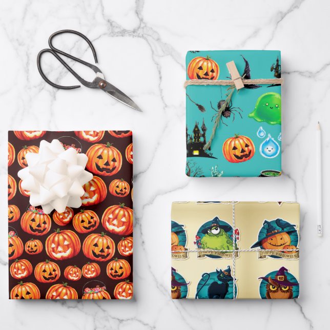 Jack O Lantern Wrapping Paper Flat Sheet Set of 3 (Front)