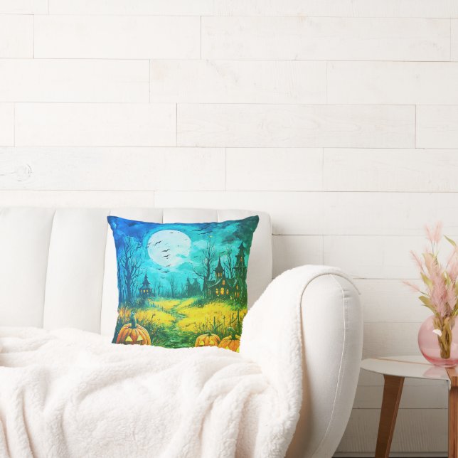 Jack-O' Lanterns and Creepy Houses Moon Halloween Throw Pillow (Couch)