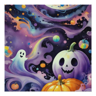 Jack-O'-Lanterns and Friendly Phantoms in Space Poster