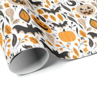 Jack o lanterns bats ghosts autumn cute halloween wrapping paper