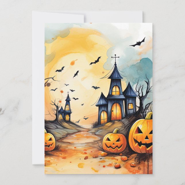 Jack O’Lanterns Bats Haunted Church Halloween Holiday Card (Front)